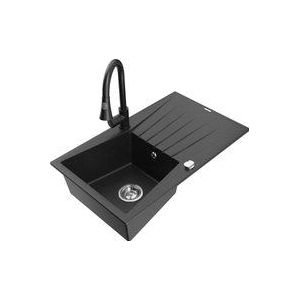 Mexen - Cesar 1 Becken-Granitspüle mit Abtropffläche und Mischbatterie Elia, Schwarz/Silbermetallic -