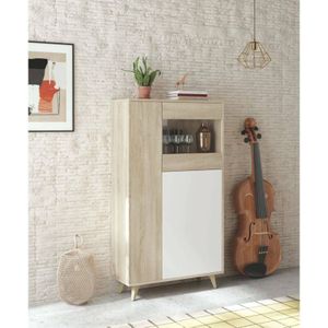 Schaukasten Atlanta, Moderne Vitrine mit 3 Türen, Sideboard für Wohnzimmer oder Wohnzimmer, Hohes Sideboard mit Regalen, cm 77x33h142, Eiche und Weiß