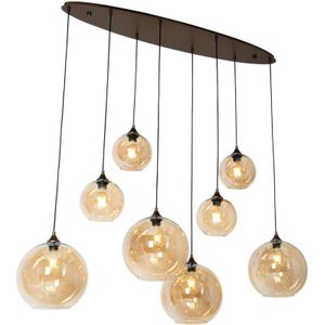 Art-Deco-Hängelampe aus dunkler Bronze mit bernsteinfarbenem Glas, oval, 8-flammig – Sandra