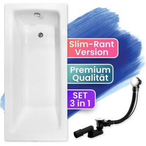 Badland - Badewanne Rechteck 160x75 + Handgriffen + Kopfstütze, Ablauf & Füße gratis - Komplettset 5in1 Original Acryl Wanne talia slim