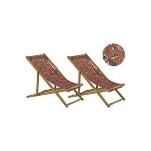Liegestühle 2er Set aus hellem Akazienholz mit rotem Bezug zusammenklappbar Pflanzenmotiv Gartenausstattung Outdoor Gartenzubehör Modern
