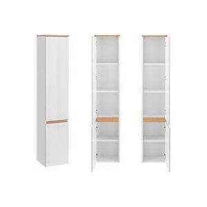 Badezimmer Hochschrank mit 2 Türen CAMPOS-56, Hochglanz weiß mit Wotaneiche, b/h/t: ca. 35/176/30 cm