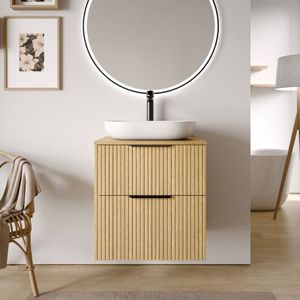Bernstein - Waschtischunterschrank tim 60 cm für Aufsatzwaschbecken Badmöbel: Eiche Nebelgrau profiliert, Metallgriff: Chrom, Waschtischplatte: Weiß