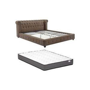 Vente-unique - Chesterfield-Bett + Matratze - 160 x 200 cm - Stoff - Vintage-Leder-Optik - Braun - tongerla