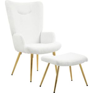 Homcom - Ohrensessel mit Hocker, Sessel mit Sherpa-Bezug, Hohe Rückenlehne, Loungesessel mit Armlehne, Stahlbeine für Wohnzimmer, Schlafzimmer, Weiß