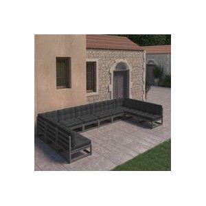 10-tlg. Garten-Lounge-Set mit Kissen Schwarz Massivholz Kiefer