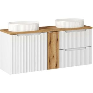 Doppelwaschtisch 140cm mit Keramikwaschbecken, weiß und Eiche, NEWPORT-56-WHITE