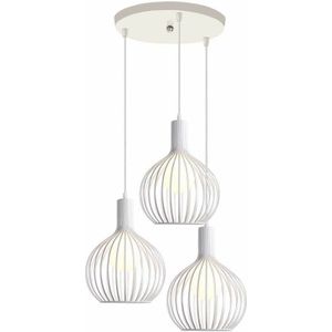 Pendelleuchte 3 Flammig Hängelampe im Industri Stil Kronleuchter mit Ø20cm Kürbis Käfig aus MetAlles für Wohnzimmer Esszimmer Weiß - Runde Basis