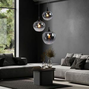 Globo - Hängeleuchte Pendellampe Wohnzimmer Pendelleuchte Esstischleuchte rauch Glasschirm, Metall schwarz, Fassungen 3x E27, DxH 48x120 cm