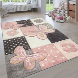 Kinder Teppich Kinderzimmer Bunt Rosa Schmetterlinge Karo Muster Punkte Blumen 200x290 cm - Paco Home