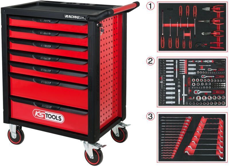 Kstools - ks Tools Werkstattwagen RACINGline schwarz/rot mit 7 Schubladen und 215 Premium-Werkzeugen
