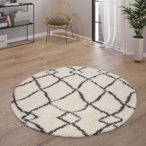 Paco Home - Hochflor Teppich Wohnzimmer Shaggy Skandinavisch Fransen Flauschig Modern 120 cm Rund, Creme
