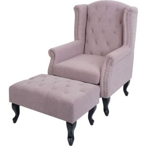 HHG - neuwertig] Sessel Chesterfield Oxford, Relaxsessel Clubsessel Ohrensessel, wasserabweisend Stoff/Textil hellrosa mit Ottomane