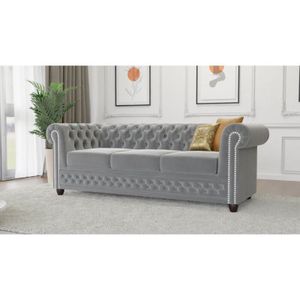S-style Möbel - Kero - Chesterfield 3 sitzer Sofa aus Grau Samt-Stoff mit Holzfüßen