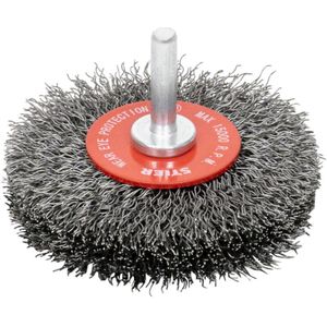 Stier - Rundbürste Scheibenbürste, 70 mm, für Bohrmaschine Geradschleifer, 6 mm Schaft, Drahtstärke 0,3 mm, gewellt, Stahl
