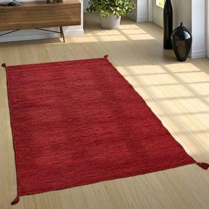 Wohnzimmer Natur Teppich m. Fransen, Moderner Handgewebter Kelim, 100% Baumwolle 160x220 cm, Rot - Paco Home