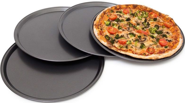 Rundes Pizzablech, Backblech 4er Set, Backset aus beschichtetem Carbonstahl, Pizza & Flammkuchen, 33cm ø, grau - Relaxdays