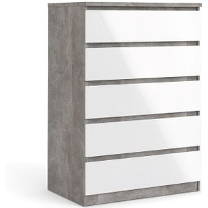 Hellin - Nada Kommode hoch mit 5 Schubladen, beton dekor,weiss hochglanz.