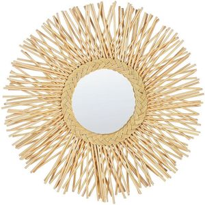 Wandspiegel Natürlich Rattan 60 cm Rund Sonnenform Geflecht Handgefertigt Boho für Wohnzimmer für Schlafzimmer Flur