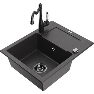 Enzo 1 Becken-Granitspüle mit Abtropffläche und Mischbatterie Carla, Schwarz gesprenkelt - 650 - Mexen