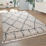 Wohnzimmer Teppich Shaggy Hochflor Modern Rautenmuster Karo In Creme Blau 200x290 cm - Paco Home