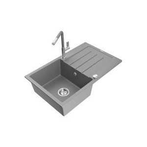 Bruno 1 Becken-Granitspüle mit Abtropffläche und Mischbatterie Flora, Grau - 6513-71-670401-06 - Mexen