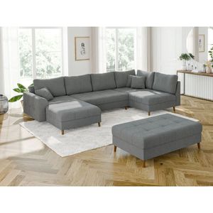 S-style Möbel - Viggo - Wohnlandschaft mit Schlaffunktion und Hocker mit Braun Holzfüßen im skandinavischen Stil aus Grau Boucle-Stoff