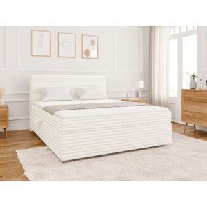 Odin - Boxspringbett 160x200 mit Topper und Bettkästen aus Hellbeige Plüschcord