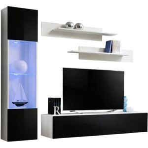 Meublorama - TV-Möbel fly G3 Design, in glänzendem Weiß und Schwarz. Modernes und trendiges Hängemöbel für Ihr Wohnzimmer.