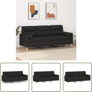 The Living Store - 3-Sitzer-Sofa mit Zierkissen Schwarz 180 cm Stoff - 3-Sitzer-Sofa - Wohnlandschaft - Schwarzes Sofa - Couchtisch - Gemütliches Sofa