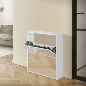 Schuhschrank mit 2 Fächern, Schuhkipper für 6 Paar Schuhe, Verspiegelt, Weiß, 63x17x67 cm, Schuhkommode mit 3 Klappen, Schuhablage Schuhregal