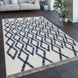 Teppich Wohnzimmer Boho Stil Fransen Handgewebt Woll-Baumwoll Gemisch Blau 160x230 cm - Paco Home