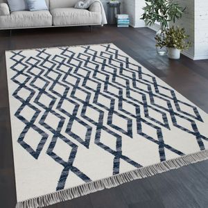 Teppich Wohnzimmer Boho Stil Fransen Handgewebt Woll-Baumwoll Gemisch Blau 160x230 cm - Paco Home