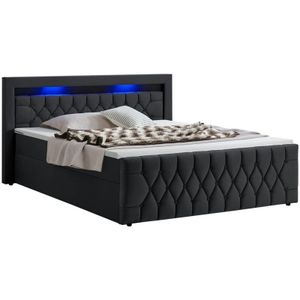 Juskys - Boxspringbett Leona 140x200 cm - Bett mit led Beleuchtung, Topper & H4 Federkern Matratzen - Einzelbett Schwarz mit Samt und Steppung