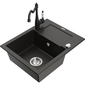 Enzo 1 Becken-Granitspüle mit Abtropffläche und Mischbatterie Carla, Schwarz/Gold metallisch - - Mexen