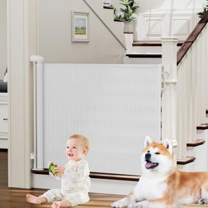 140 cm einziehbares Schutzgitter weiß – Einhand-Doppelverriegelung – für Baby, Kind und Hund