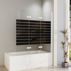 Duschwand für Badewanne 140x140cm 3-Teilig Faltbar Badewannenaufsatz, Weiß Alu Duschabtrennung mit Schwarz Gestreift aus 5mm esg Sicherheitsglas,