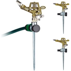 Impulsregner 3er Set, mit Erdspieß, 15 m Reichweite, 20°-360°, Kreisregner, Gartensprinkler, gold/silber - Relaxdays