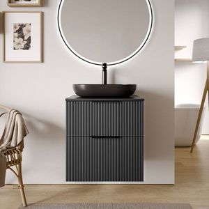 Waschtischunterschrank Bernstein tim 60 cm für Aufsatzwaschbecken Badmöbel: Schwarz matt profiliert, Metallgriff: Schwarz matt, Waschtischplatte: