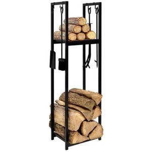 Vertikaler Kaminholzständer aus schwarzem Stahl mit Zubehör und 1 Regal H.112 cm