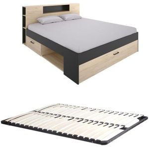 Vente-unique - Bett mit Kopfteil, Stauraum & Schubladen - 180 x 200 cm - Holzfarben & Anthrazit + Lattenrost - leandre