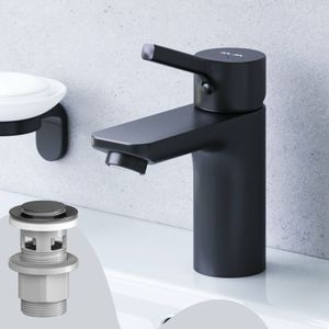 Am.pm - Badarmatur mit Pop-Up Ablaufventil für Waschbecken Wasserhahn Bad Schwarz Waschtischarmatur mit Ablaufgarnitur 1 1/4 Zoll Messing Ventil