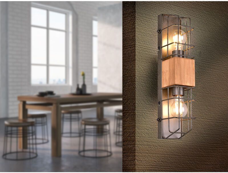 Industrial Wandlampe TINCO 2-flammig mit Gitter und Holz, Höhe 45cm