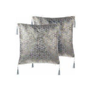 Dekokissen Silber 2er Set Polsterbezug 45 x 45 cm Netzmuster Mit Fransen Wohnzimmer Salon Schlafzimmer