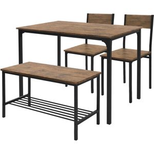 Esstisch Set 4-teilig, Eiche-Rustikal, Esszimmertisch mit 2 Stühlen 1 Bank, Essgruppe für 4 Personen, Sitzgruppe Küchentisch Metallrahmen, Bartisch