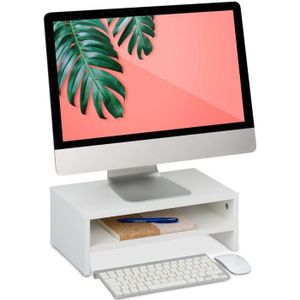 Relaxdays - Monitorständer mit Fach, Bildschirmerhöhung für Schreibtisch, hbt: 14 x 40 x 23,5 cm, Bildschirmpodest, weiß