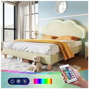 Kinderbett Led, Polsterbett mit Lattenrost und Verstellbarem Kopfteil, pu Bett in Creme, Kopfteil Cloud - 160x200 cm