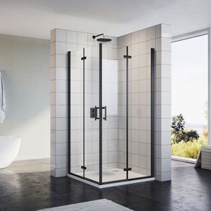 Duschkabine Eckeinstieg mit Falttür 180º nano Glas Höhe 195cm beide Seiten faltbar Duschwand Duschabtrennung Schwarz 90x80 cm - Sonni