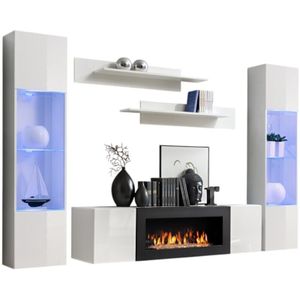 Meublorama - Hängendes Möbelset mit dekorativem Kamin aus der Kollektion fly M3. Farbe: Weiß.