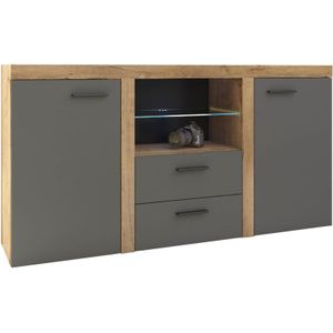 Sideboard Marcuss mit led 2 Schubladen Glasvitrine 2F2S B156,4 cm Eiche Graphit - Furnix